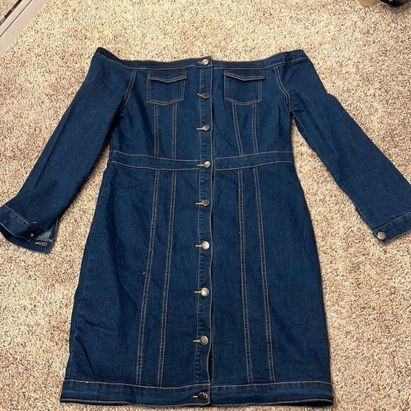 Jean Dress sexy off the shoulder button front fitted  pocket detail - Picture 2 of 7